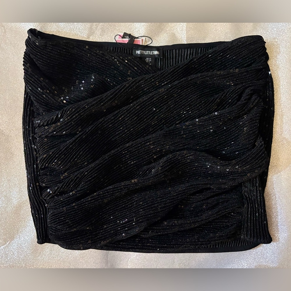 New Pretty LittleThing Black Sequin Crossover Mini Skirt.